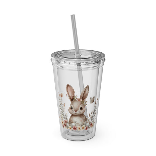 Customisable Bunny Tumbler - 16oz Reusable Travel Mug with Straw, Perfect for Spring Celebrations