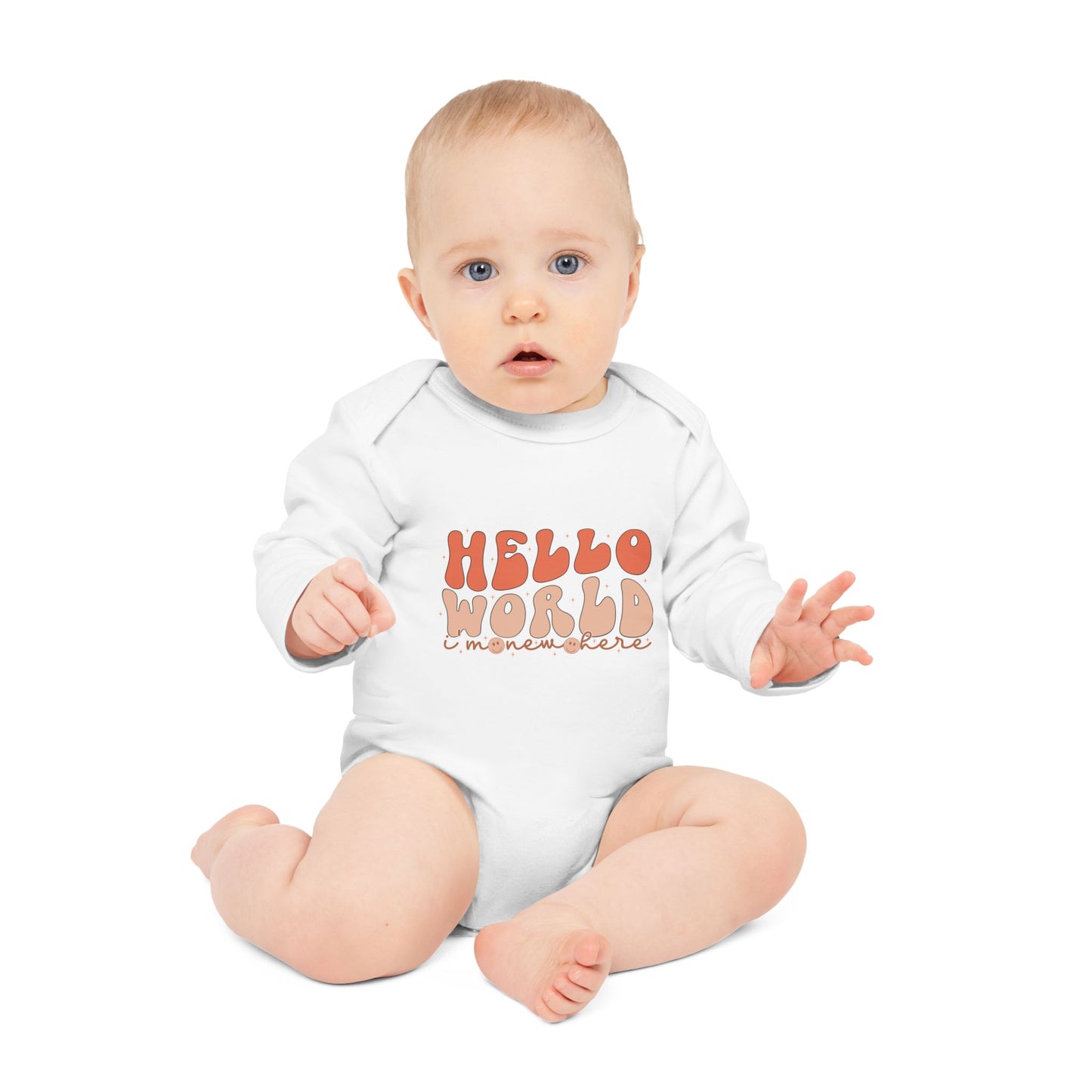 Cute Baby Long-Sleeve Bodysuit - 'Hello World' Organic Cotton
