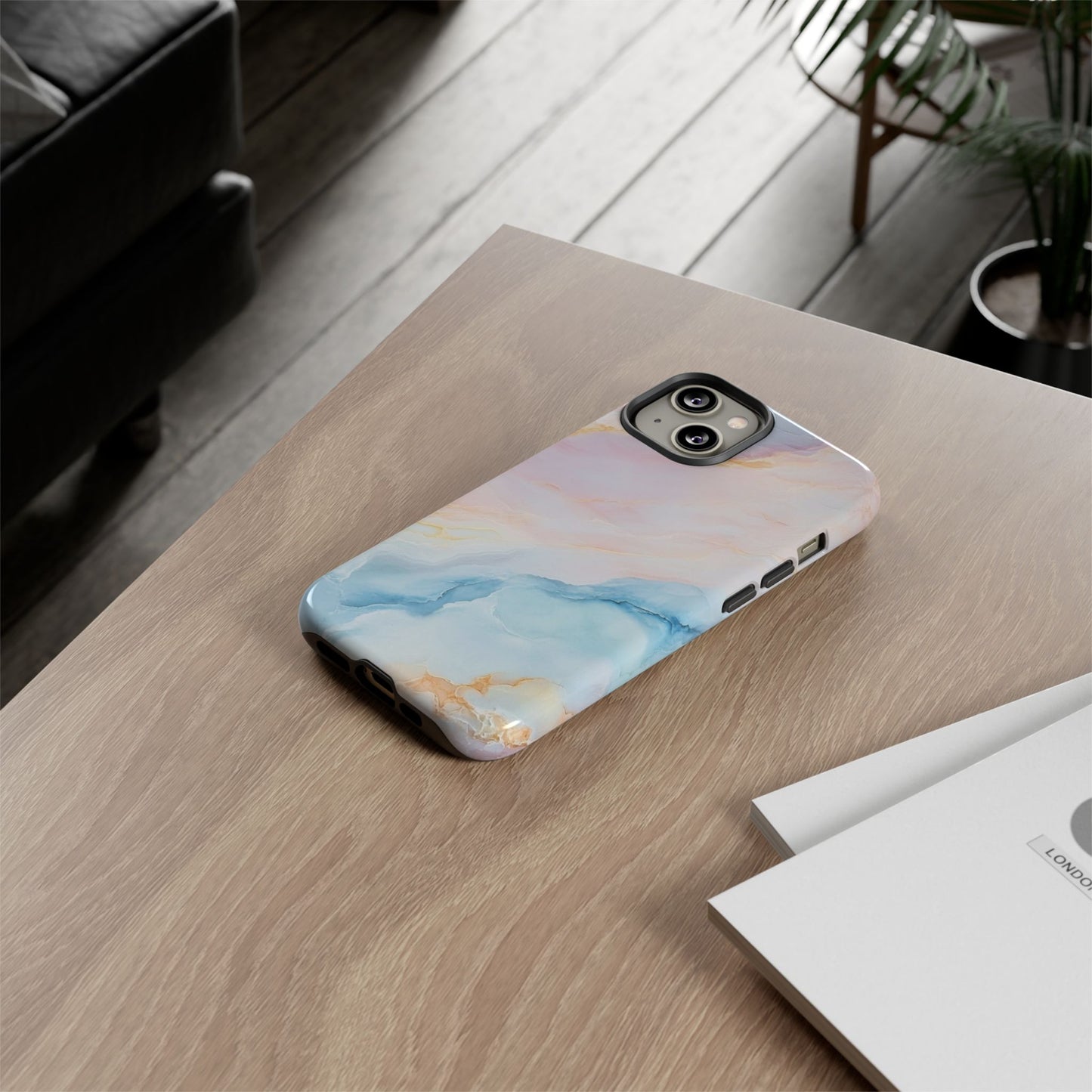Peachy Skies Phone Case - Baby Blue Peach and Gold Marbled Tough Case
