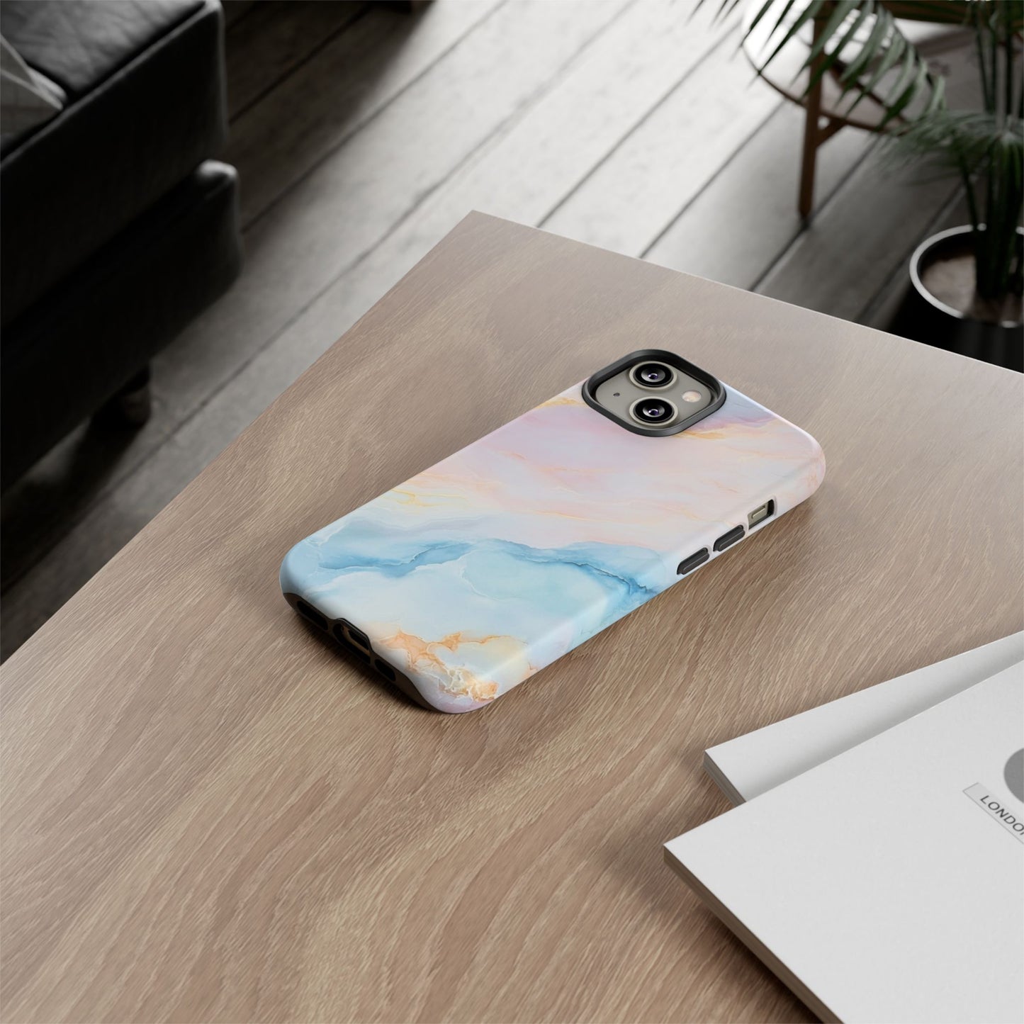 Peachy Skies Phone Case - Baby Blue Peach and Gold Marbled Tough Case