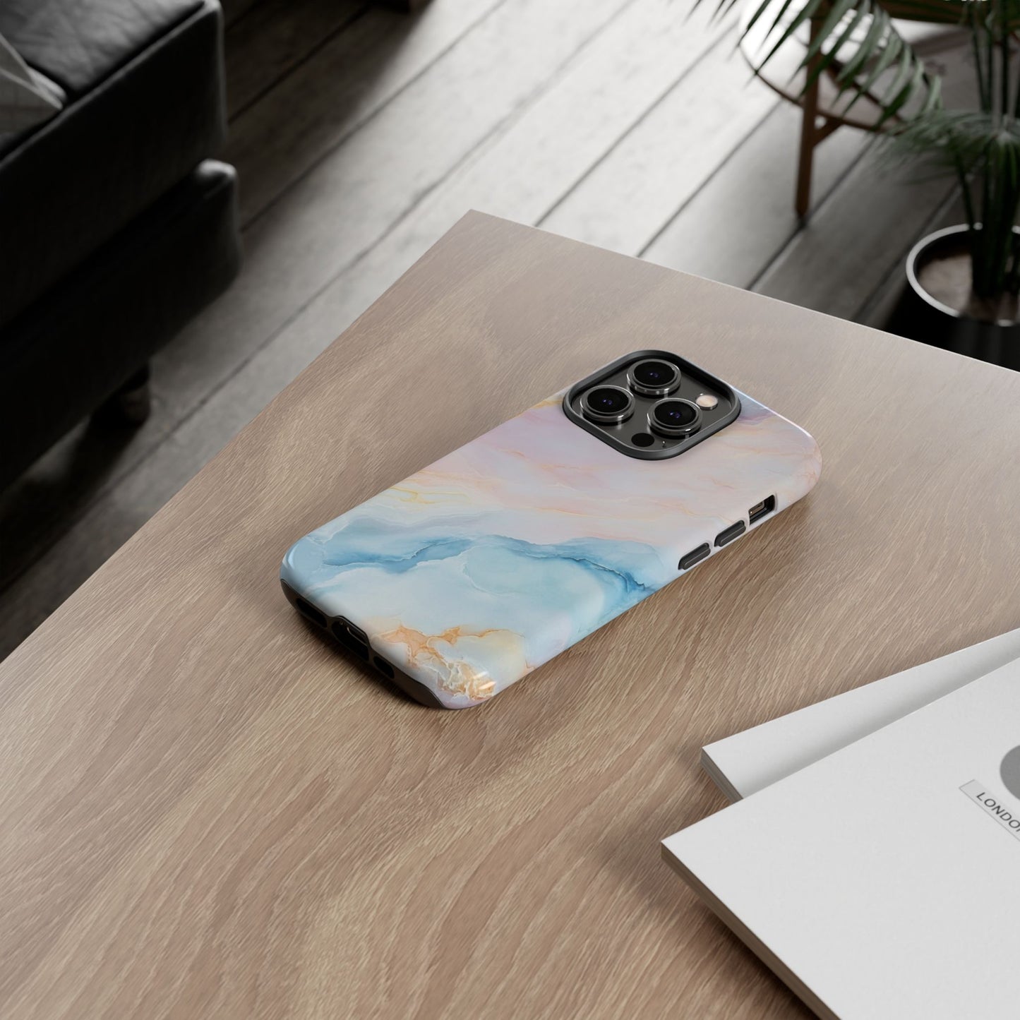 Peachy Skies Phone Case - Baby Blue Peach and Gold Marbled Tough Case